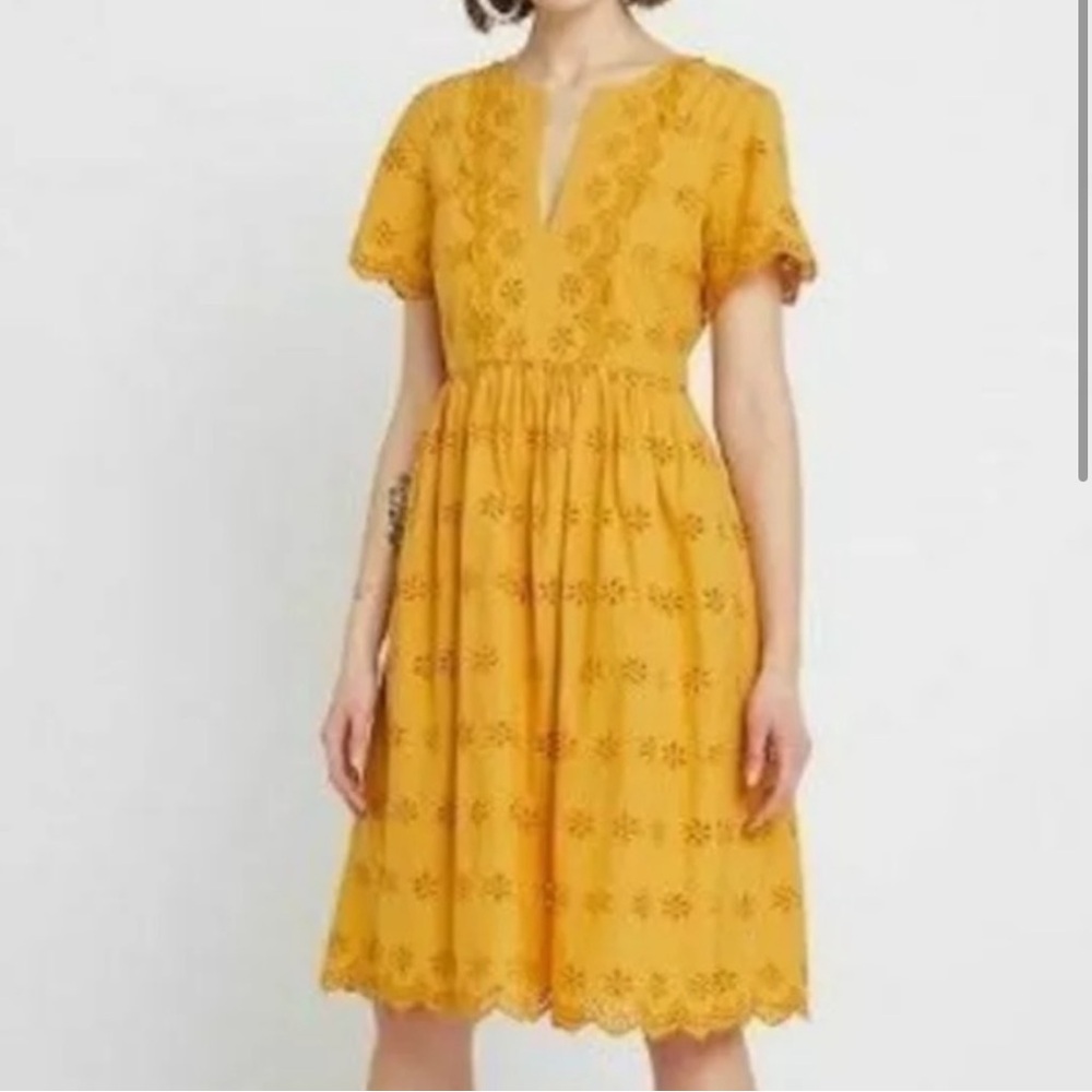 Madewell Scalloped Eyelet Midi Yellow Short Sleeved Dress, Size 10